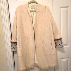 Zara Basic Long Swing Coat in Cream Size L with  Tribal Fringe Sleeve Accent
